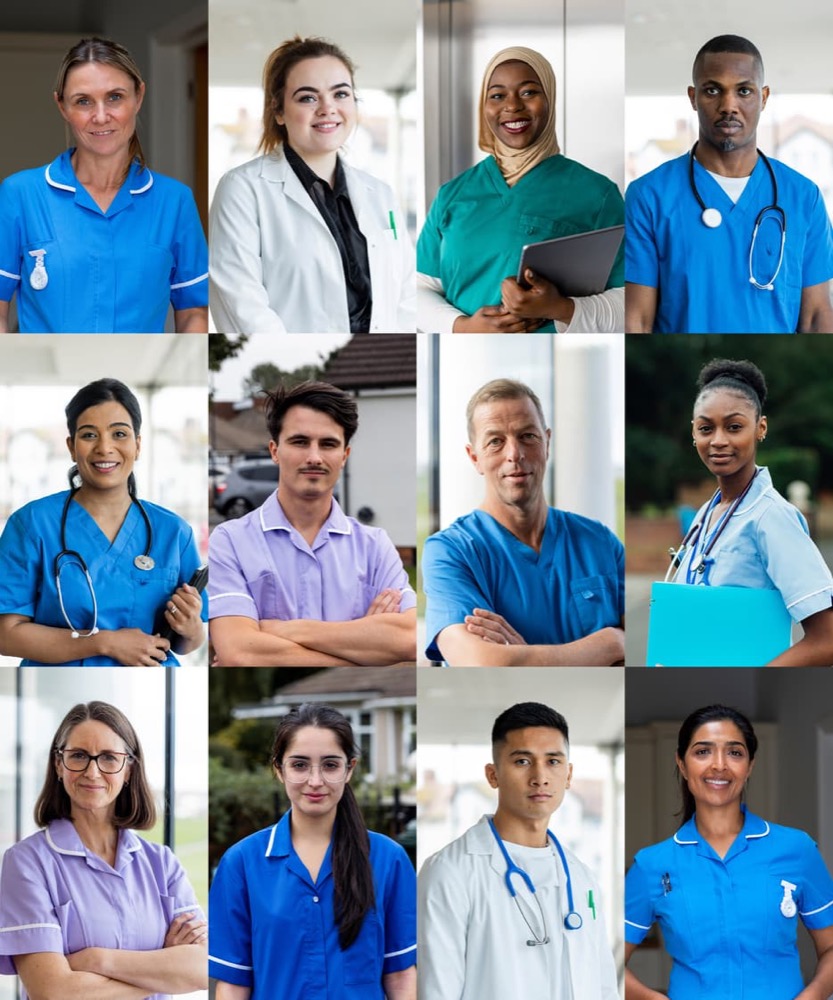 Portraits of twelve NHS staff in uniform